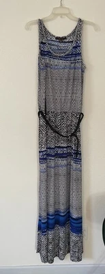 FEVER Women’s Belted Maxi Long Sleeveless Dress Blue Black Size Large — 第 1/4 张图片