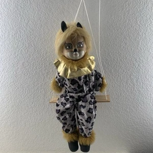 Cats Doll on Swing Marionette Painted Face Porcelain Leopard Print Vintage - Picture 1 of 7
