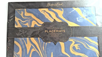 Hester & Cook Placemats Pad Of 12 Marble Paper Blue & Gold Vein Handmade - Image 1 of 3