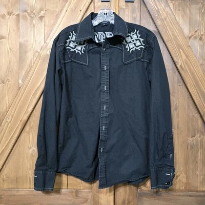 Eighty Eight Platinum Mens Western Shirt L Black Embroidered Cross Positivity... - Image 1 of 4