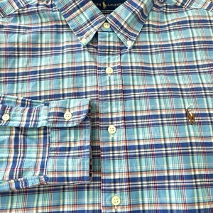 Polo Ralph Lauren Shirt Mens L Blue Plaid Long Sleeve Flesh Pony Oxford Slim - Picture 1 of 10