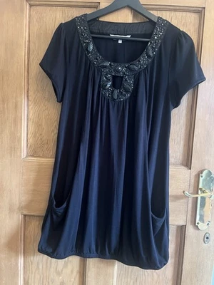 John Rocha Tunic Top Size UK 14 Black Stretch Beaded Neck Pockets - Image 1 of 4