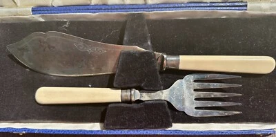 Antique Edwardian Fish Serving Set W/Celluloid Handles Knife & Fork EPNS Silver - Image 1 of 4
