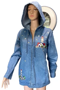 Quacker Factory Hooded Denim Jacket size Med Lighthouse Coastal Patriotic Zipper - Picture 1 of 15