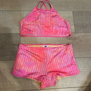 LANDS END GIRLS NWOT PINK 2 PIECE SWIM SUIT SIZE 14 BOY SHORT - Picture 1 of 8