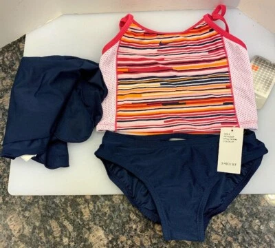 Nike 3 Piece Youth Girls 8 Swim Bathing Suit Set Blue Pink White NWT New - Image 1 of 4