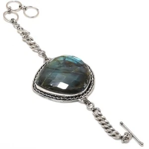 Natural Labradorite Gemstone 925 Sterling Silver Bracelet 7-8" h220 - Picture 1 of 5