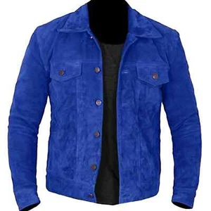 Herren Blau Wildleder Leder Trucker Jacke Echt Lammleder Biker Retro Mantel CK - Bild 1 von 11