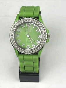 Geneva Watch Rhinestone Bezel Green Silicone Strap -  New Battery - Running - Picture 1 of 6