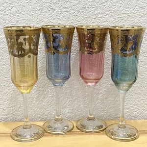 Vintage J Preziosi Handmade Multicolored Gold Gilt Champagne Glasses Set of 4 - Picture 1 of 12