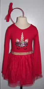 Btween 2 Pc Red Gold LS Unicorn Sparkle Christmas Dress & Bow Headband 4 5 6 6X - Picture 1 of 6