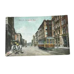 Postcard Main Street Springfield Massachusetts Trolley Street Car Horse A600 - Picture 1 of 2