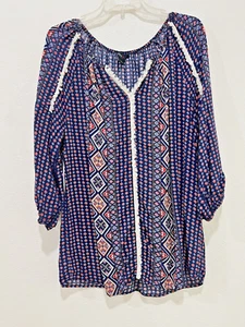 Camicetta Intro donna blu boho dettagli pelliccia sintetica contadina stampa diamante grande - Foto 1 di 11