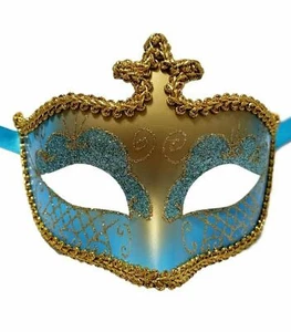 Light Blue Gold Glitter Venetian Masquerade Costume Mask Mardi Gras - Picture 1 of 2