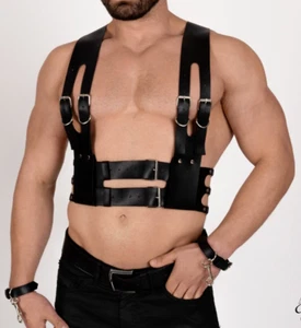 Men's Vegan Leather Bulldog Chest Harness and Handcuffs - Plus Size - Kinky BDSM - Picture 1 of 6