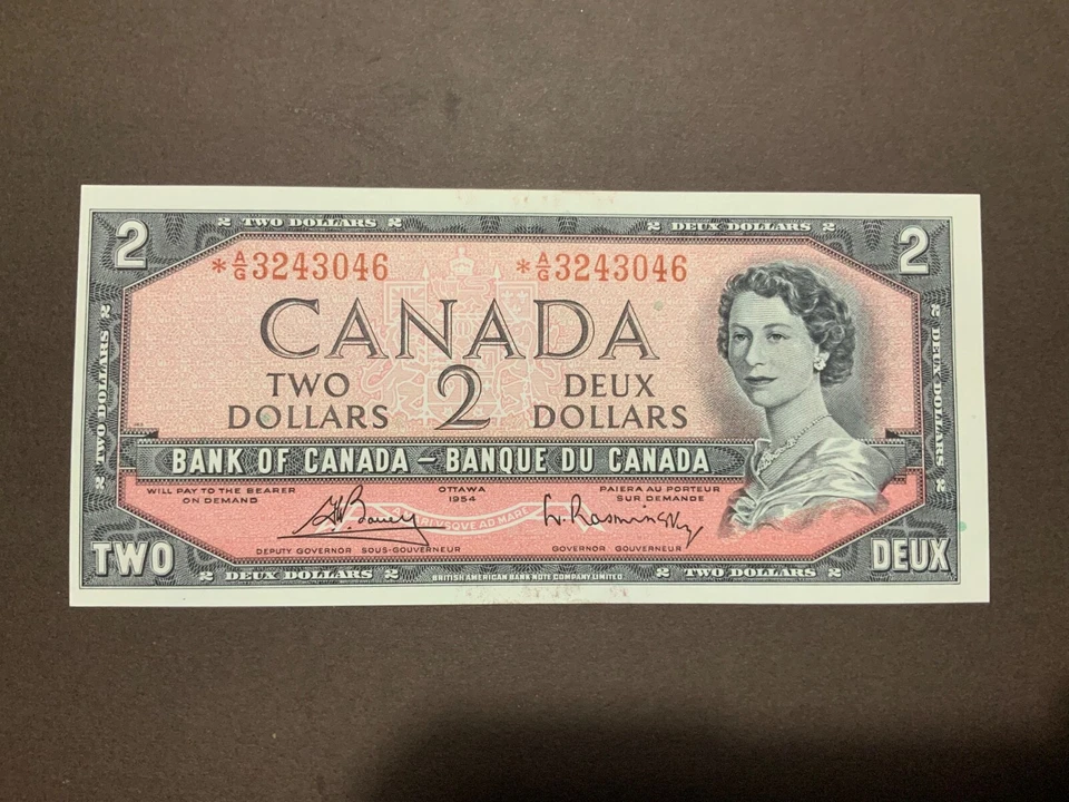 CANADA 1954 $2 DOLLARS * REPLACEMENT NOTE  ~*AG/ OFF CENTER & INK STAIN - Image 1 of 4