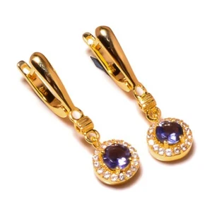 Sterling Silver Yellow Gold Plated Iolite Gems Dangle CZ Hinged Back Earrings - Picture 1 of 2