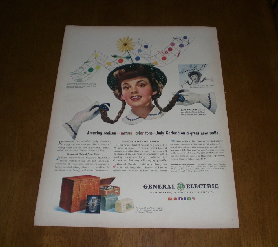 1945 GENERAL ELECTRIC GE RADIO ORIGINAL LIFE MAGAZINE AD PRINT - JUDY GARLAND - Image 1 of 1
