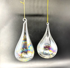 Vtg Iridescent White Blown Glass Teardrop Christmas Ornaments 5” & 4” Set Of 2 - Picture 1 of 6