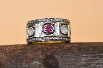 Anello a fascia Polki Pave Diamante Rubino Gemme Simbolo di Fortuna,... - Immagine 1 di 4