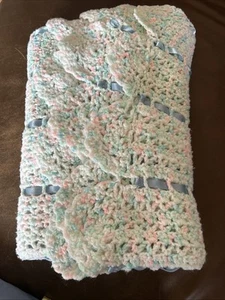 Handmade Crochet Baby Afghan Cotton Candy Pastel Blue Ribbon 50x34” - Picture 1 of 5