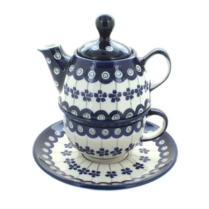 Tetera y taza individual de pavo real con flores de cerámica polaca rosa azul - Imagen 1 de 2