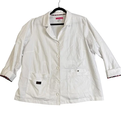 Jaqueta esfoliante feminina Betsey Johnson 2XL branca casaco de laboratório bolsos elásticos Koi B402 - Imagem 1 de 4