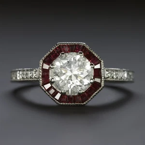 1ct CERTIFIED DIAMOND RUBY ENGAGEMENT RING VINTAGE STYLE ART DECO TARGET ROUND - Picture 1 of 2