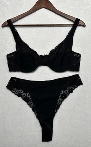 Vintage Parisa By Amir Black Lace Bra Thong Panty Lingerie Set 36D Large Nylon - Picture 1 of 24