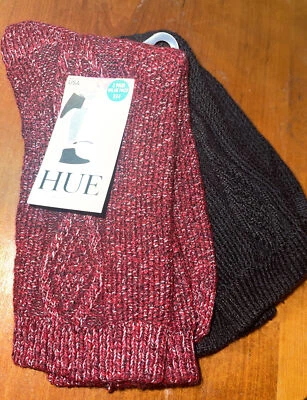 Free Ship! Gift Idea,2 Pair HUE Holiday Deep Red,Black,Cable Knit Socks (F12) - Image 1 of 2