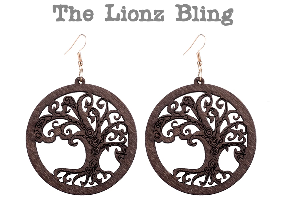 Tree of Life Dark Stained Wood Filigree Dangle Earrings Drop 3 1/2" - Image 1 of 1