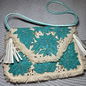 Anthropologie ibBan Purse Mansi Straw Jeweled Envelope Clutch Beaded Tassel - Picture 1 of 8