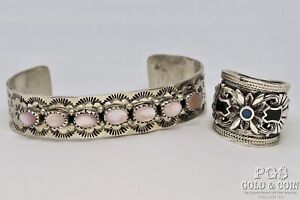 Signed Bahe Sterling Silver Pink Moonstone Cabochon Bracelet Cuff+Ring 37g 20946
