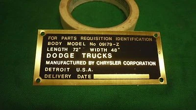 Data Plate Body Cargo Fits Dodge WWII WC Cargo Body  Brass (P78) - Изображение 1 из 2