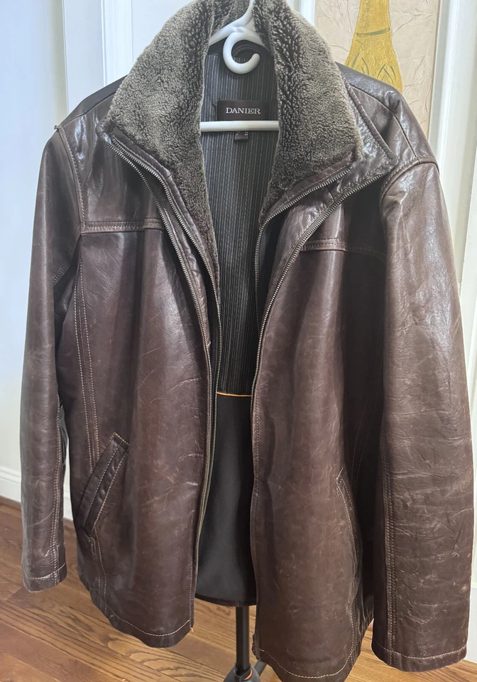 Chaqueta de cuero genuino aislante DANIER para hombre XL marrón ribete de piel extraíble #80895 Foto 1 de 4