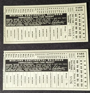 **VINTAGE 1927 MIDLAND CONTINENTAL RAILROAD CONDUCTOR'S CASH FARE RECEIPT PAIR** - Picture 1 of 2