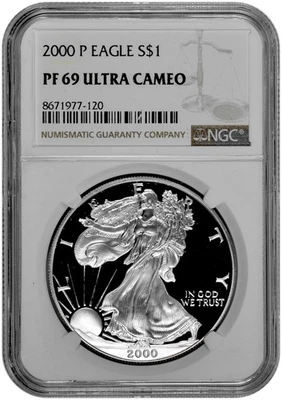 2000 P S$1 Proof Silver American Eagle Dollar NGC Graded PF 69 Ultra Cameo - Image 1 of 3