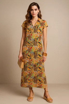 C&C California Dress Womens S Collar Linen Tropical Colorful Resort Coastal Midi - Image 1 of 4
