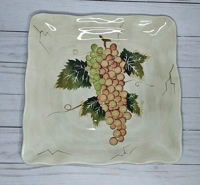 Tabletops Gallery Cabernet 11" Square Dinner Plate Brown Grapes Hand Painted - Image 1 of 4