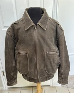 VTG Genuine Leather Brown Suede Heavy Bomber Biker Jacket Lined Zip Up XL STAR - Picture 1 of 19