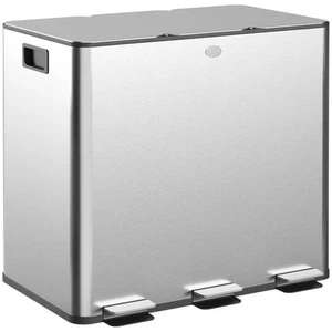 HOMCOM 3 x 15L Triple Kitchen Bin Pedal Bin for Recycling and Waste, Silver Tone - Picture 1 of 11