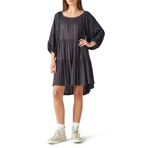 Lucky Brand Women Black Washed Tiered Boho Bracelet Sleeve Tunic Dress Size M - Picture 1 of 7