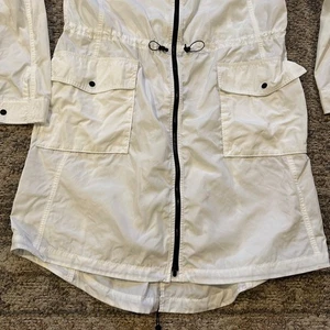 Athleta leichter langer Wind Regenmantel mit Kapuze Damen LG Jacke weiß Cinch Waist - Bild 1 von 11