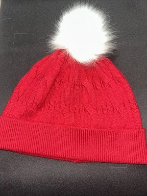 Gorro para mujer Talbots rojo tejido con cable con pompón. Nuevo Foto 1 de 2