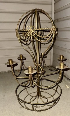 1950's Vintage Gold French Wrought Iron Hot Air Balloon 6 Candle Chandelier -MCM - Image 1 of 4