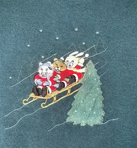 Vintage 90er Sweatshirt Ziernaht XL Oma Weihnachten Jäger grün Katze Hase Bär - Bild 1 von 5