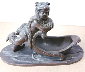Antique Circa 1880s Bronze Figure, Putti Wearing Pelt & Ice SkatesOn A Sled OOAK - Picture 1 of 14