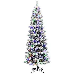 7.5FT Pre-Lit Hinged Christmas Tree Snow Flocked w/9 Modes Remote Control Lights - Picture 1 of 12