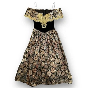 80's Jessica McClintock Gold & Black Velvet Floral Off The Shoulder Dress - Picture 1 of 5