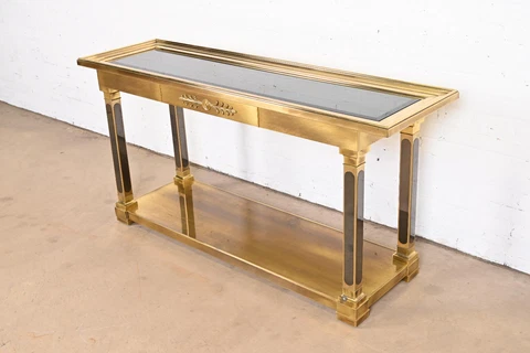 Mastercraft Hollywood Regency Brass and Smoked Glass Console Table, 1970s Cover